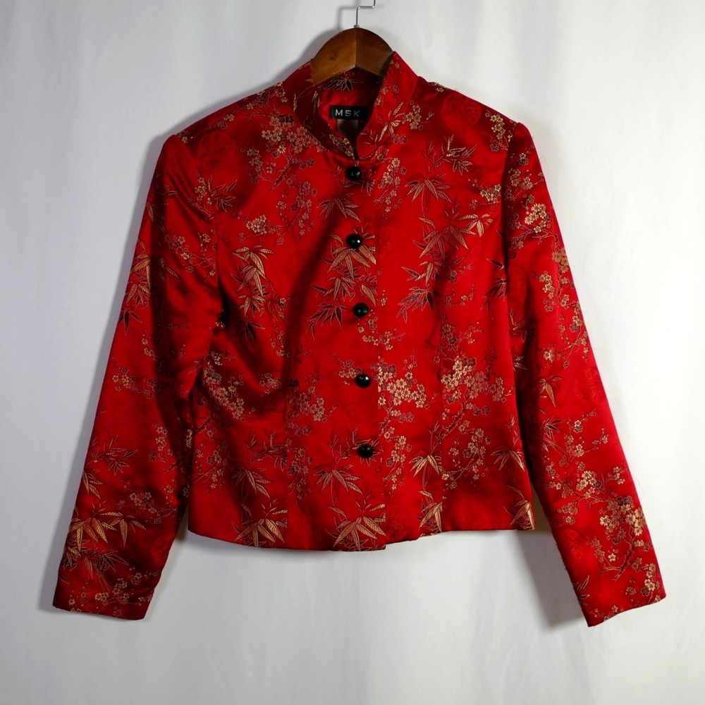 VTG MSK Womens Y2K Asian Inspired Silk Blend Jacket Size M Floral Mandarin 90s